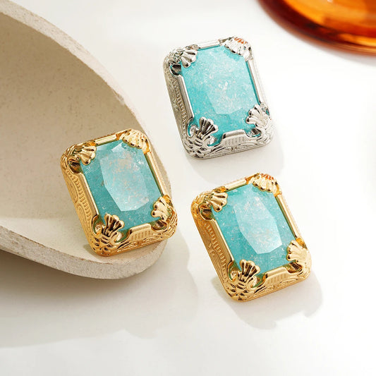 French Fine Big Blue Crystal Square Stud Earrings Gold Plated Resin Zircon Drop Earring Thick Geometric Dainty Designer Jewelry