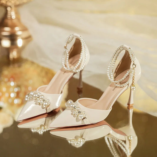 2024 Summer Celebrity Women's High Heels Fashion Pointed Toe Pearl Chain High Heel Sandals Dress Banquet Wedding Shoes