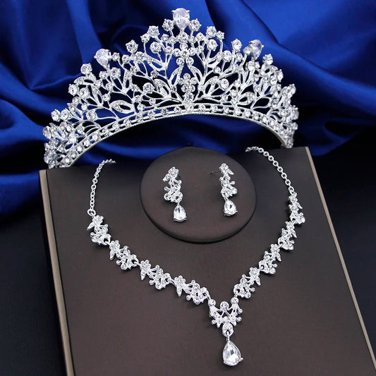 Elegant Zirconia Crystal Bridal Jewelry Sets for Women Tiaras Crown Choker Necklace Set Wedding Earrings Bride Prom Accessories