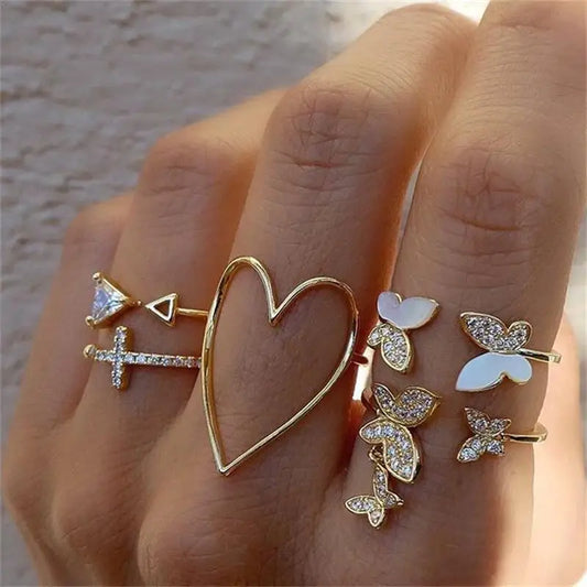 Vintage Korean Gold Silver Color Pearl Rings Set Jewelry For  Girls Butterfly Hollow Heart  Ring For Women Accessories