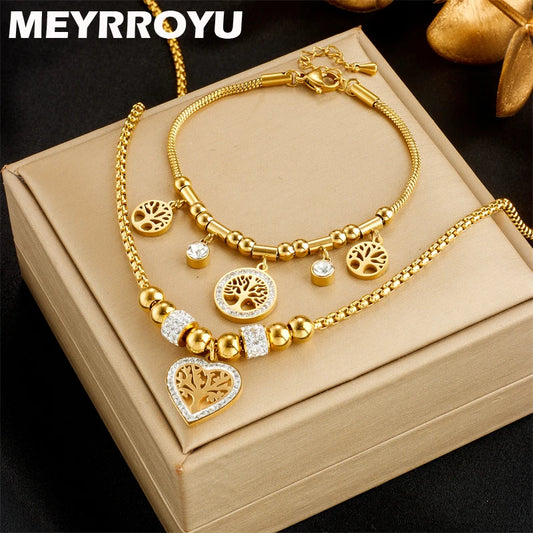 MEYRROYU 316L Stainless Steel Jewelry Set Necklace Bracelet Heart Life Tree Pendant For Women New Arrival Gift Chic Accessories