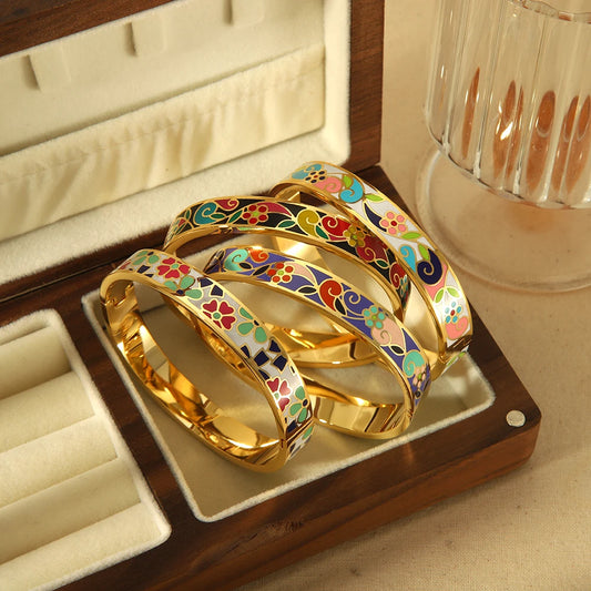 Fashion Personality Luxury 18k Gold Plated Enamel Flower Bangles Color Statement Stainless Steel Bangle for Women Gifts